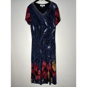 SERENGETI Blue Red Animal Print Floral Silky Knit Bling Maxi Dress SZ S